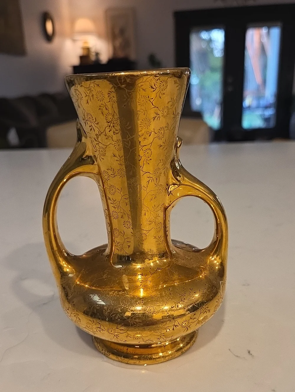Vintage Pearl China Hand Decorated 22k Gold Double-Handled Etched Glass Vase